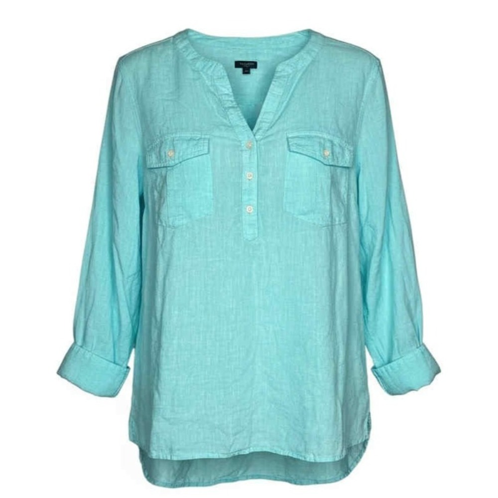Talbots 100% Linen‎ Blouse Women's XL petite Long Sleeve Shirt Blue beach resort - Picture 2 of 7